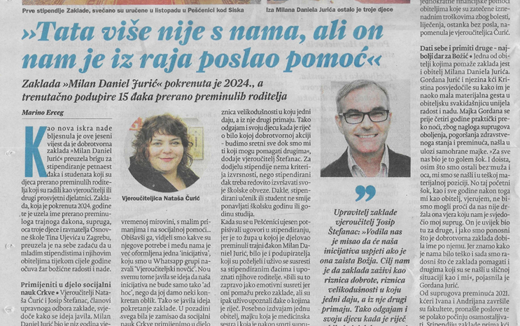 O Zakladi "Milan Daniel Jurić" u novom broju Glasa Koncila